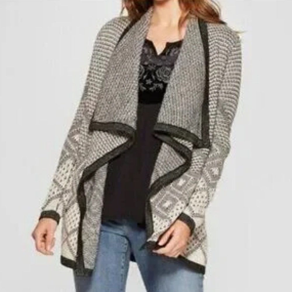 Knox Rose Women's Size M Geometric Open Front Waterfall Cardigan Sweater Black